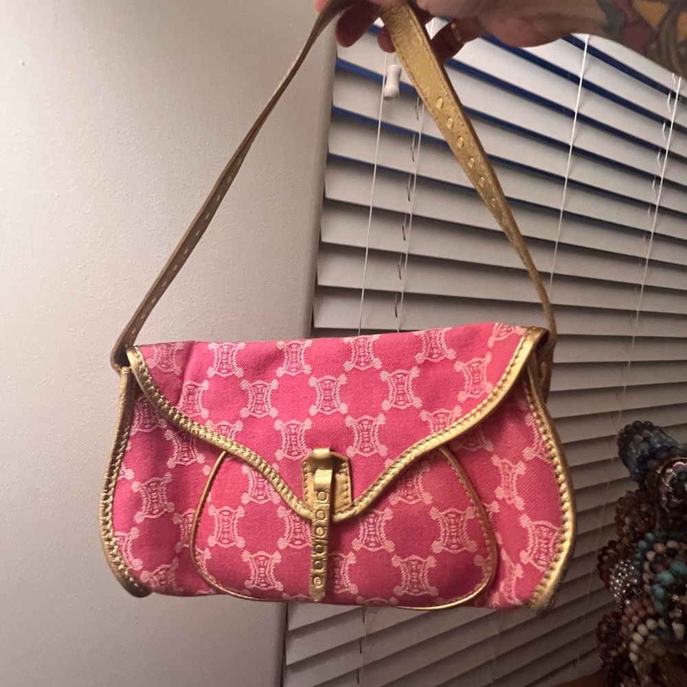 Celine Pink and Gold Shoulder Bag with Flap Closure
